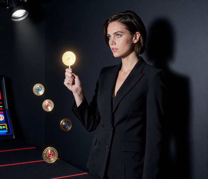 Iris Casino Willkommensbonus Szene mit CandyCoins-Lolli, Freispiel-Token und schwarzem Premium-Look