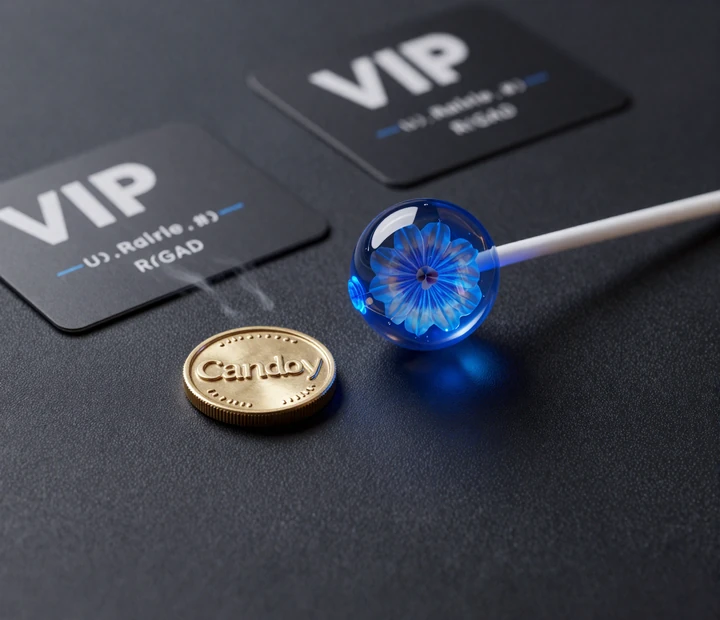 Iris Casino VIP Detailmotiv mit CandyPoints-Lolli, dunklen Reward-Karten und blauem Rakeback-Licht