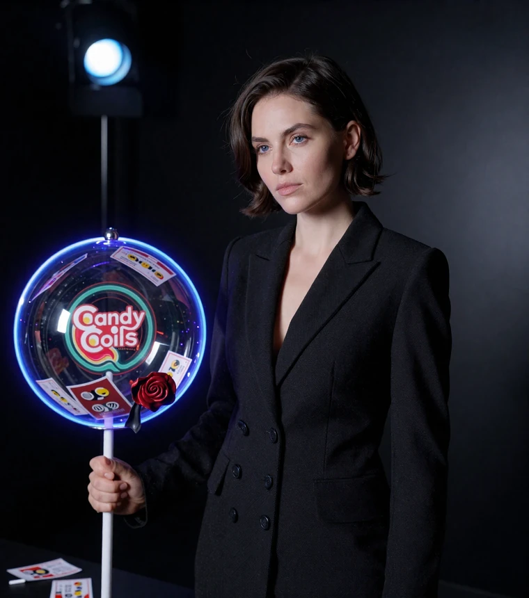Iris Casino Bonus Hero mit eleganter Frau in Schwarz, CandyCoins-Lolli und dunklen Bonuskarten