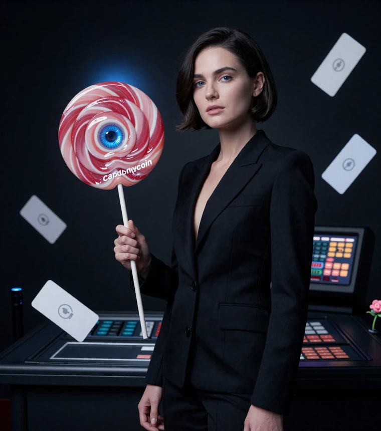 Iris Casino Zahlungsszene mit elegantem Modell, CandyCoin-Lolli und dunklem Kasseninterface