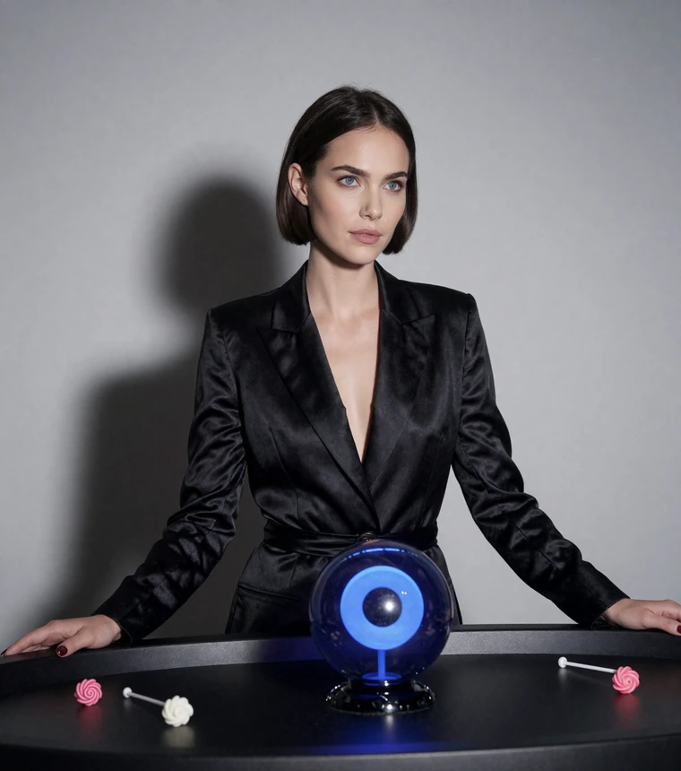Elegante schwarze Iris Casino Hero-Szene mit Modell, CandyCoins-Lolli und dunklem Premium-Interface
