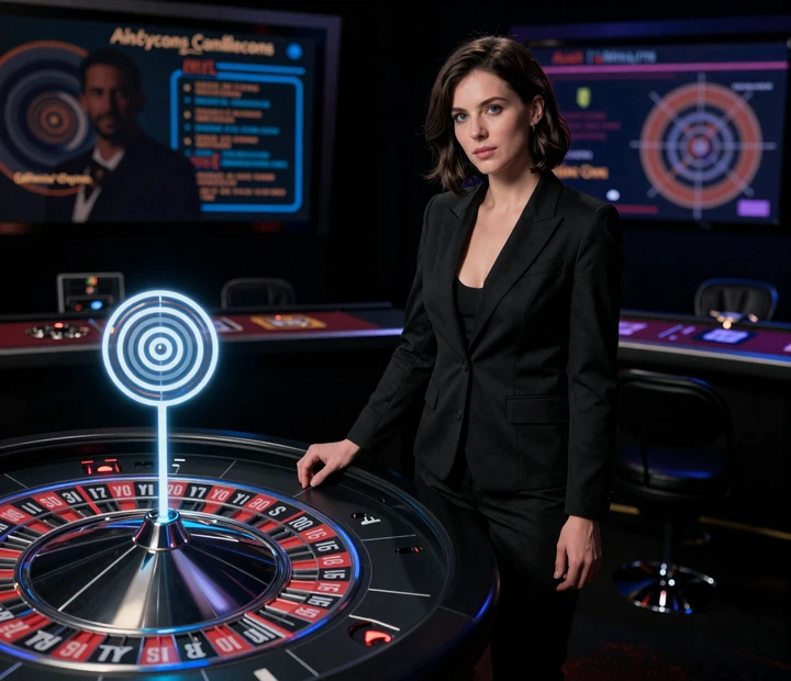Iris Casino Live Casino Szene mit Roulette-Interface, CandyCoins-Lolli und schwarzer Studio-&Auml;sthetik