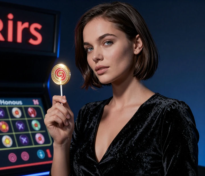 Iris Casino Bonusmotiv mit CandyCoins-Lolli, dunkler Bonuskarte und eleganter schwarzer Nachtszene